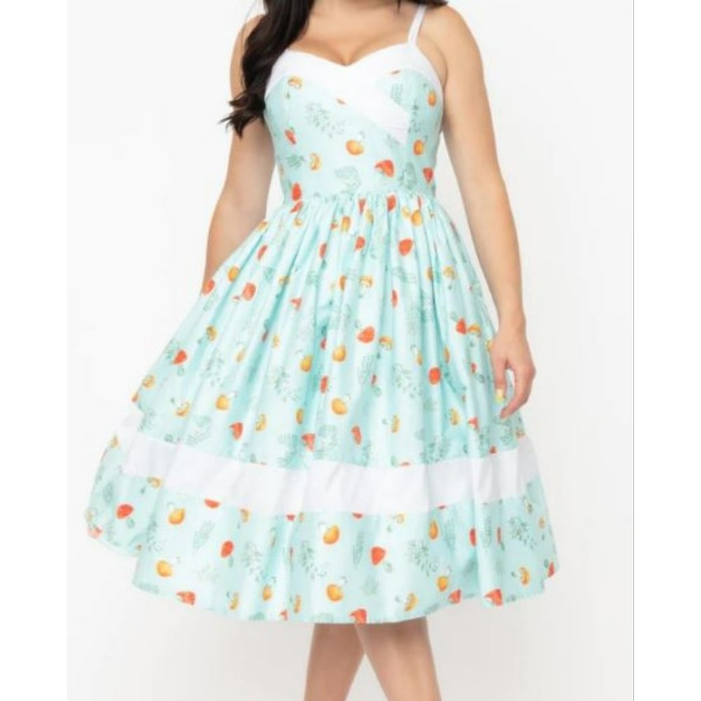 Unique Vintage Light Blue Mushroom Print Darienne Swing Dress